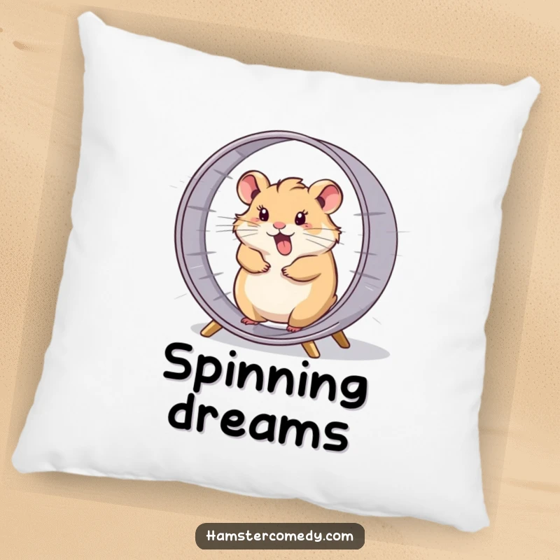 Funny hamster comically spinning in its wheel at high speed, a soft and humorous throw pillow.