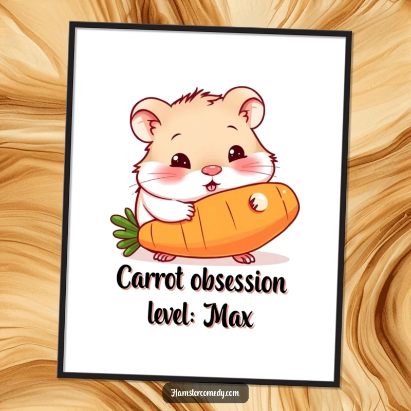 Funny digital art print of a curious hamster with wide eyes, joyfully eating a massive carrot, perfect for humorous home decor.