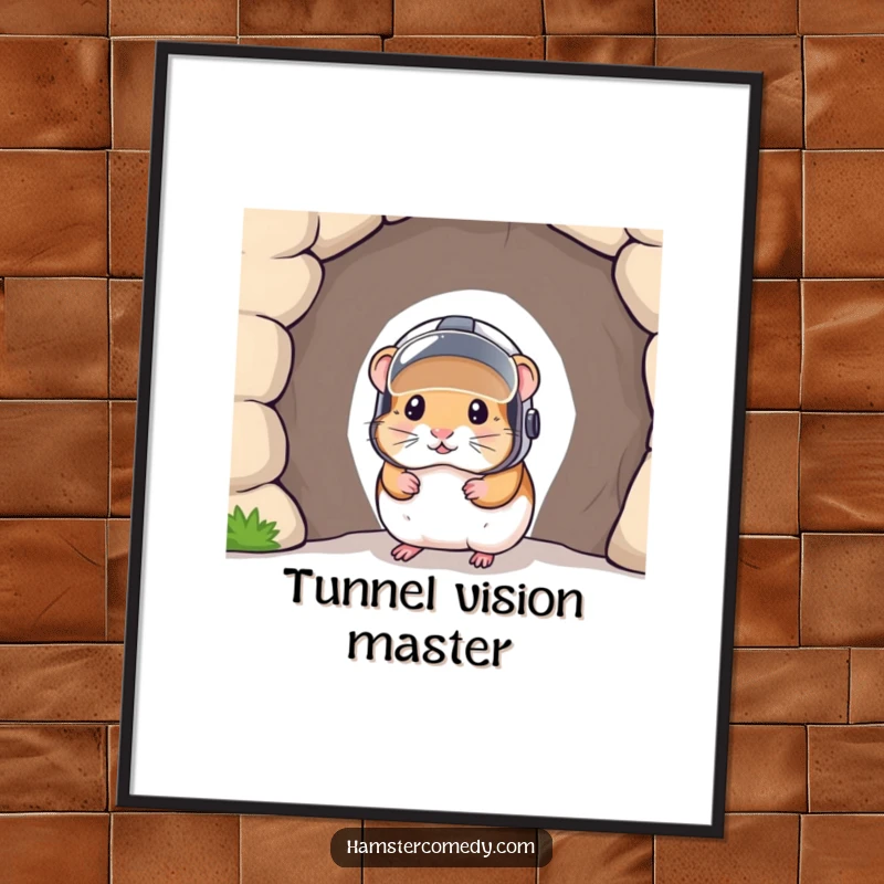 Funny digital art print of a hamster in a helmet emerging from a tunnel, ready to bring humor and charm to any digital display.