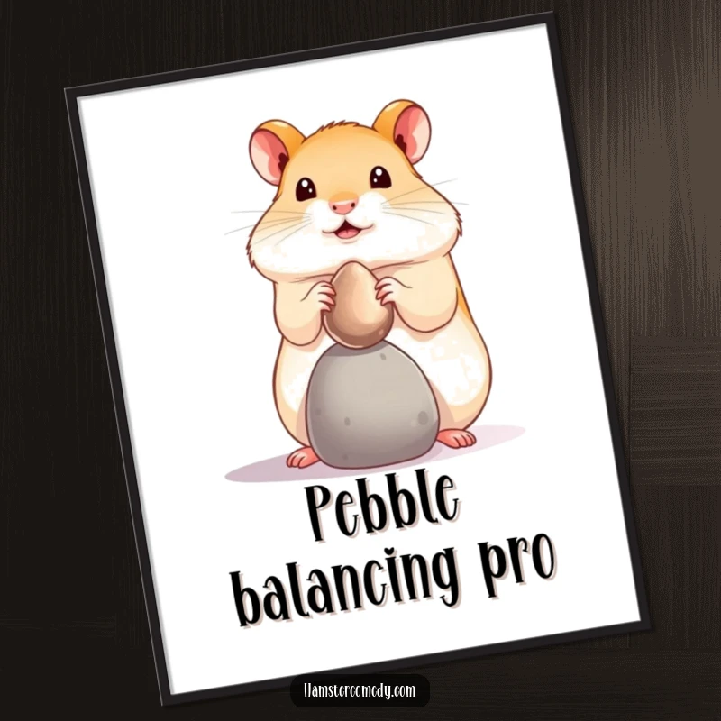 Funny hamster pebble balance digital art print, showing a tiny hamster balancing a shiny pebble. Instant funny gift.