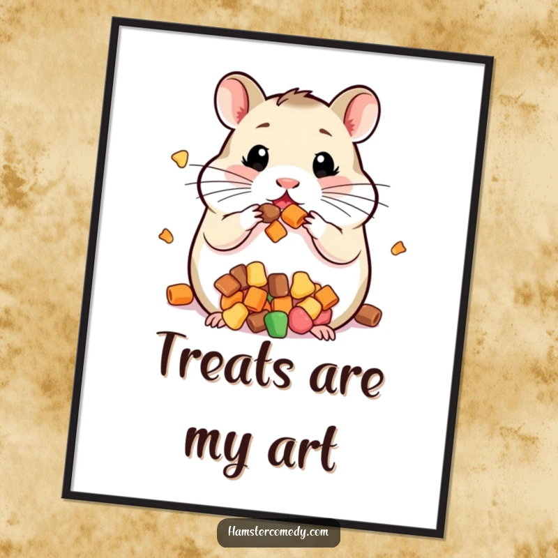 Funny digital art print of a kawaii hamster with its cheeks comically stuffed full of various treats.