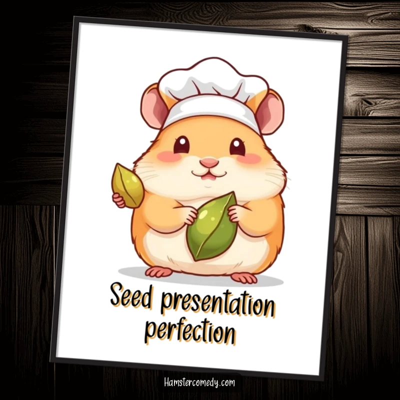 Funny digital art print of a kawaii hamster wearing a chef hat, presenting a seed with artistic flair.