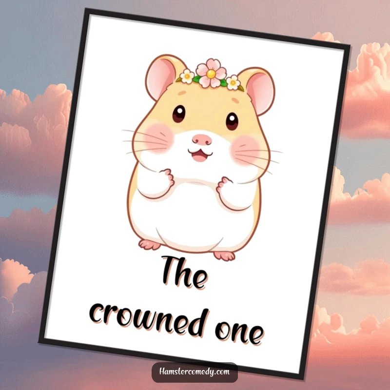 Funny Kawaii Hamster Digital Art Print: Adorable hamster wearing a tiny flower crown, radiating gentle charm and a sweet, regal aesthetic.