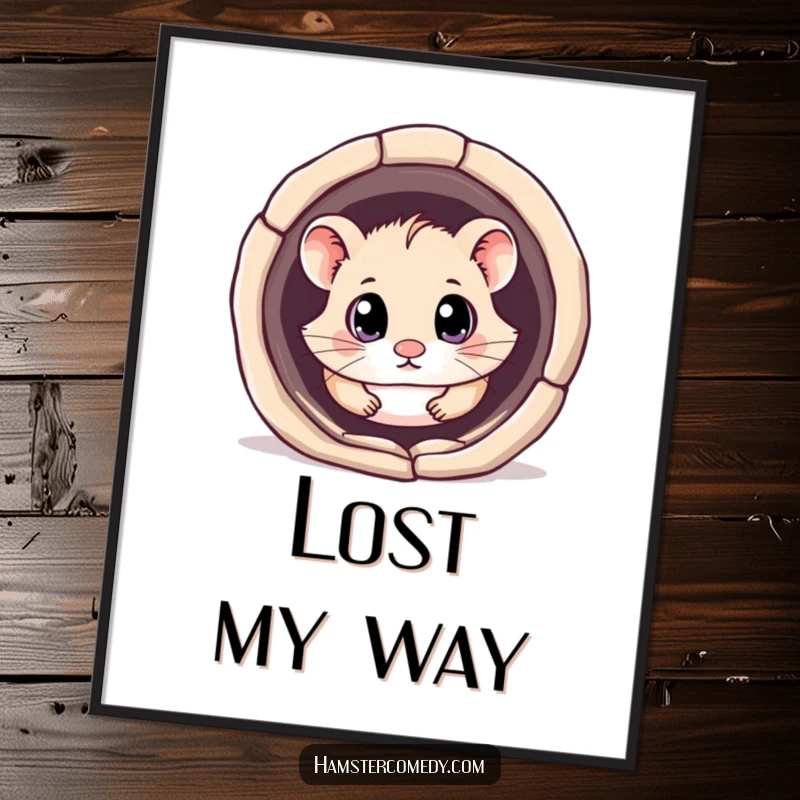 Funny kawaii hamster digital art print showing a cute hamster with big, curious eyes exploring a tunnel, for instant download.