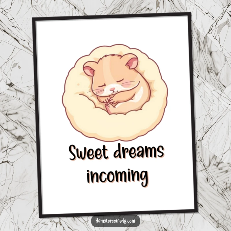 Funny hamster sleeping peacefully curled up, serene expression, peaceful digital art, ideal funny gift.