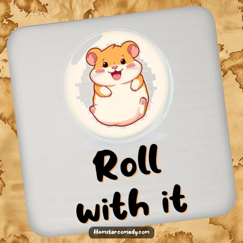 Funny coaster design of a hamster gleefully rolling inside a clear ball, bringing humorous protection to surfaces.