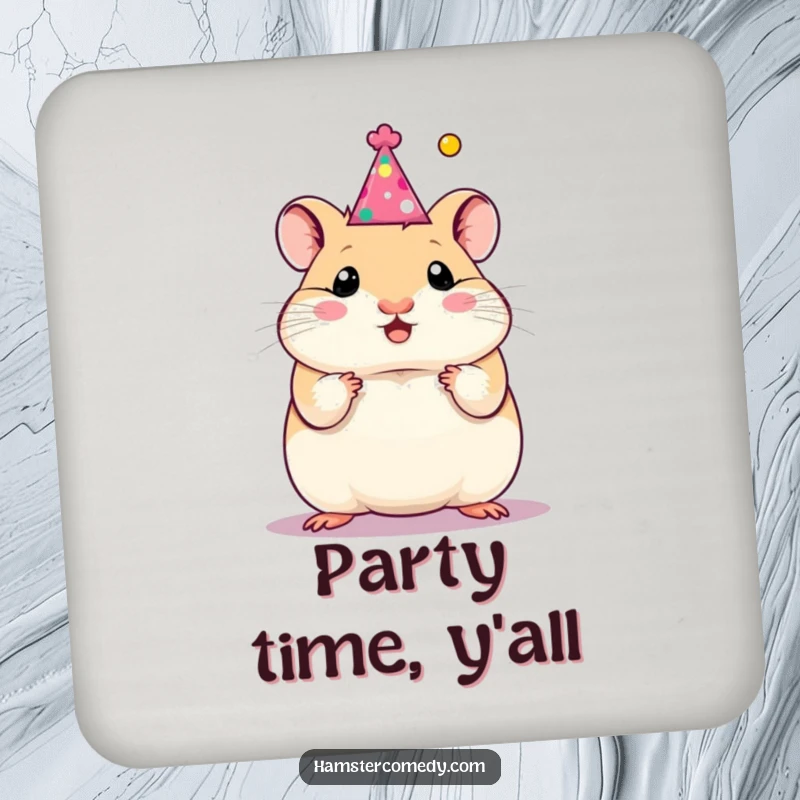 Funny hamster wearing a party hat on a drink coaster, adding festive flair and humor, excellent funny gift.
