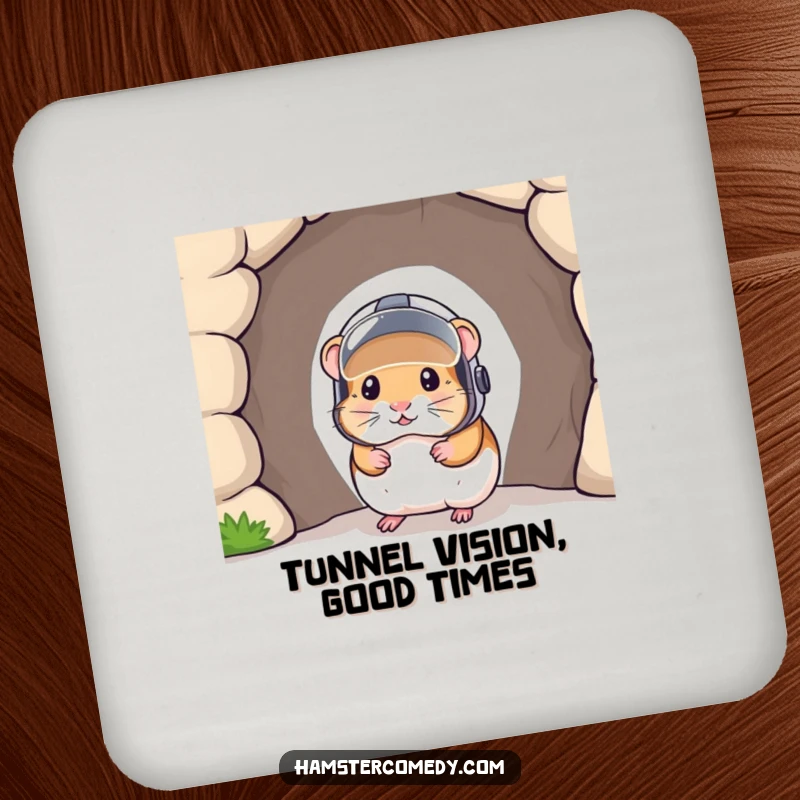 Funny coaster design with a hamster wearing a helmet peeking from a tunnel, adding a humorous touch to drink protection.