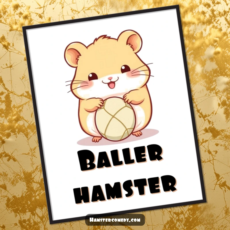 Funny Kawaii Hamster Poster: Adorable hamster concentrating on rolling a small ball with its paws, showing playful focus and energetic action.
