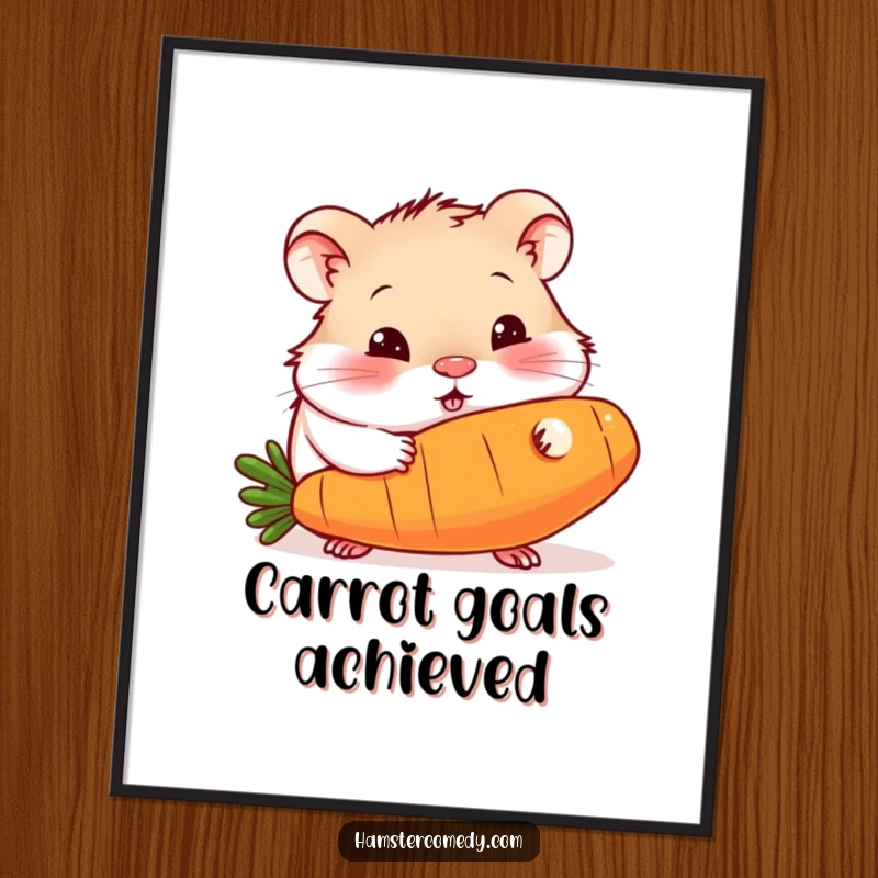 Funny poster print of a curious hamster with wide eyes, happily devouring a massive carrot, radiating humor and delight.