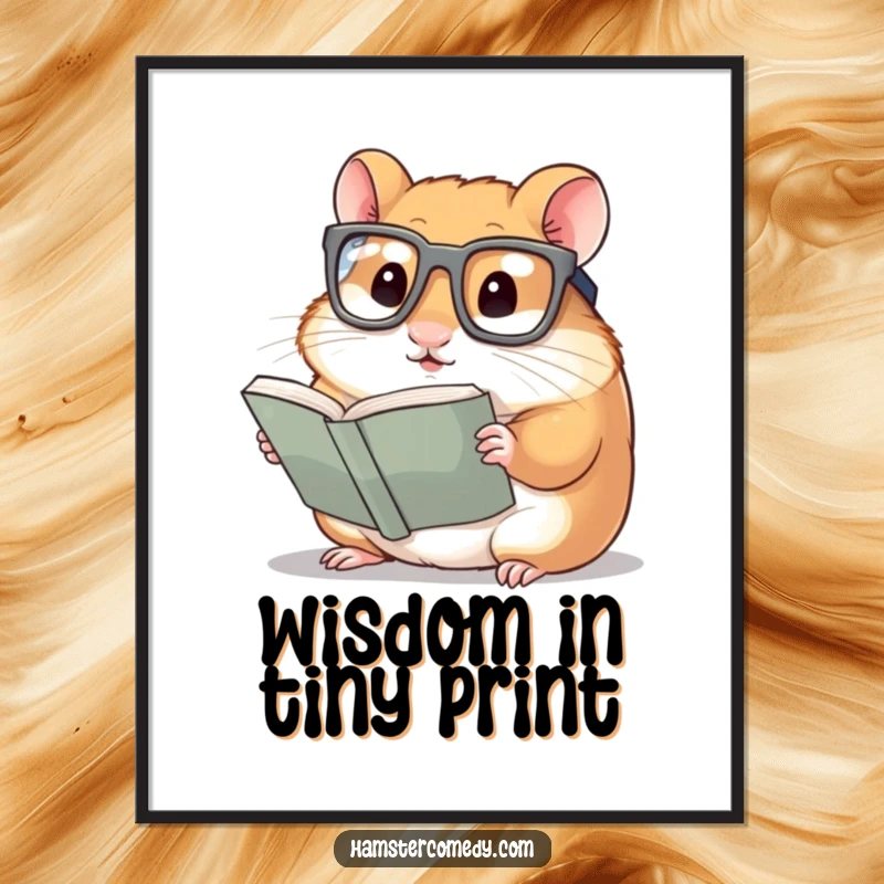 Funny Hamster Poster: A hamster wearing large glasses, intensely focused on reading a miniature book, showcasing studious charm.