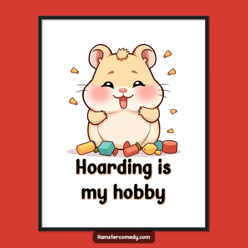 Funny Hamster Hoarder Poster: Adorable Art of Chubby Cheeks Saving Items