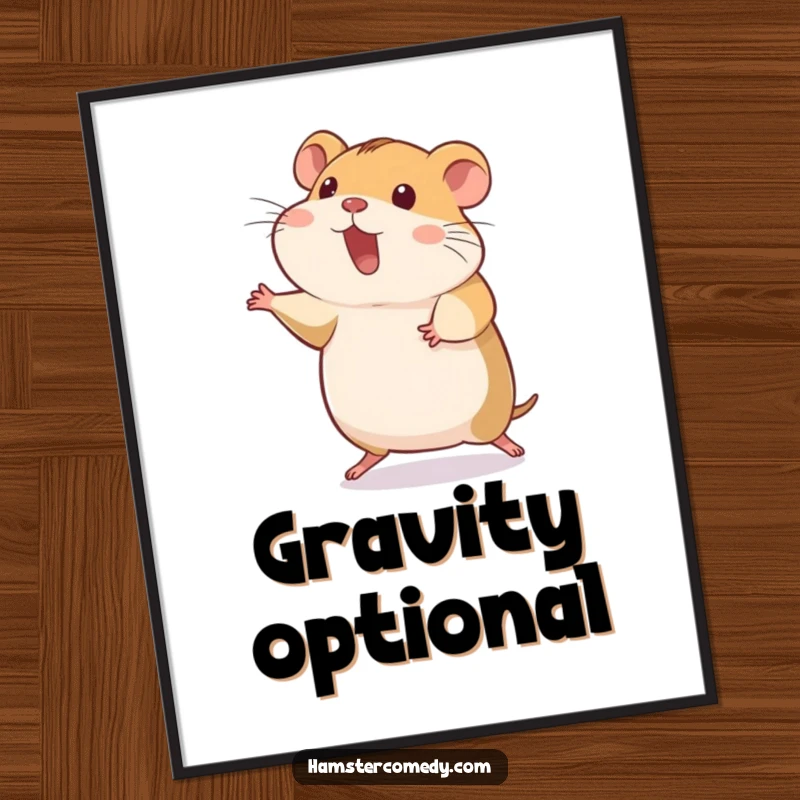 Funny hamster captured in a silly hop, back legs stretched out, humorous poster, perfect funny gift.