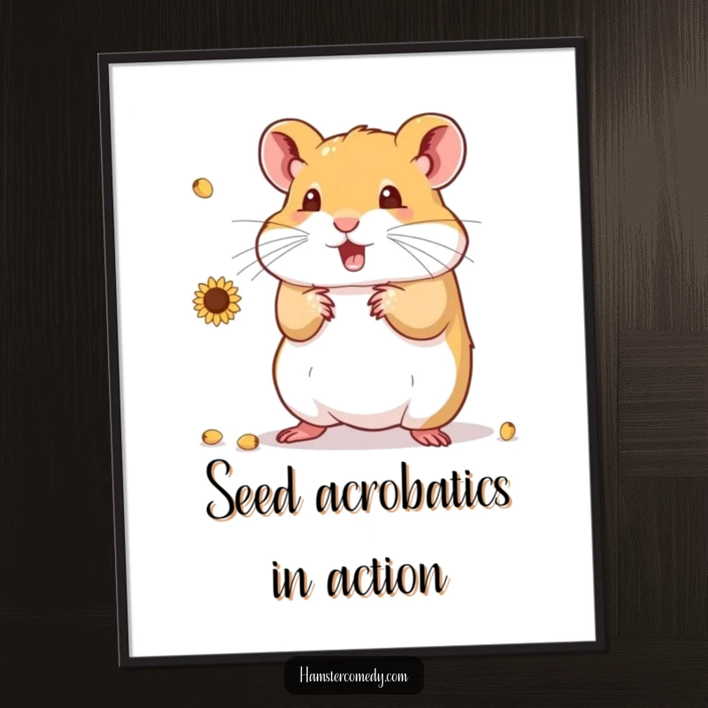 Funny Hamster Poster showing a determined hamster juggling an impressive amount of sunflower seeds, adding a humorous touch to decor.