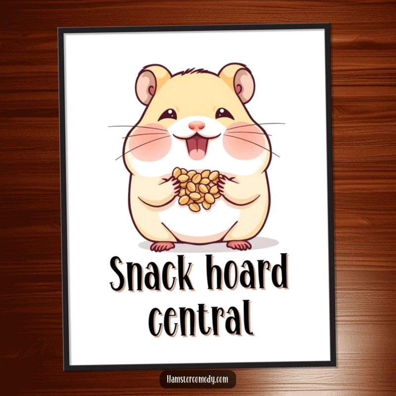 Funny Hamster Poster showing a hamster happily stuffing its cheeks with seeds, great for humorous wall art.