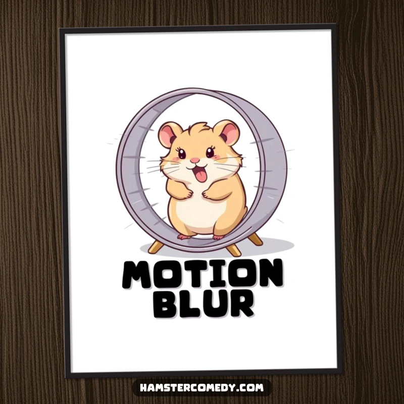 Funny hamster comically spinning in its wheel at high speed, humorous wall art.