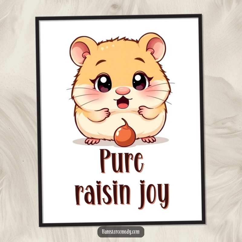 Funny Poster: A hamster with wide, surprised eyes is fixated on a dropped raisin, a humorous and relatable moment of shock.