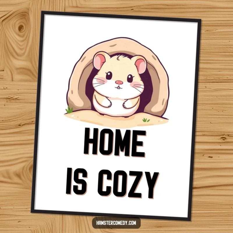 Funny Kawaii Hamster Poster featuring a cute hamster peeking from a cozy burrow, adding warmth and charm to any wall.