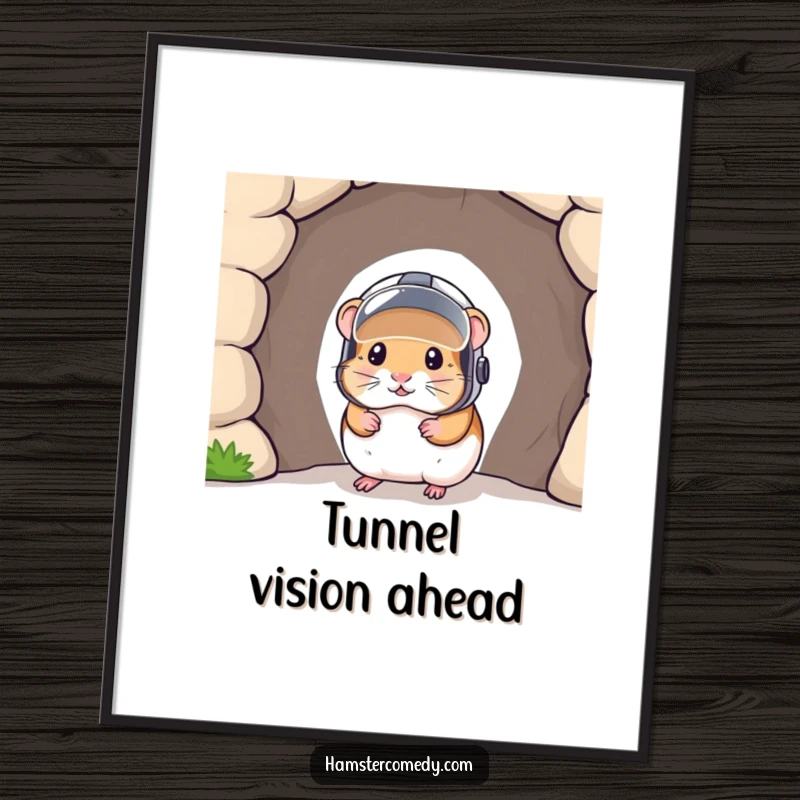 Funny poster print of a cute hamster wearing a small helmet, peering out from a tunnel, adding a humorous touch to any room.