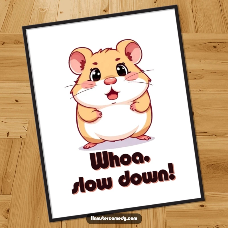 Funny surprised hamster poster showing a hamster mid-scurry with a comically wide-eyed, shocked expression, adding humor to walls.