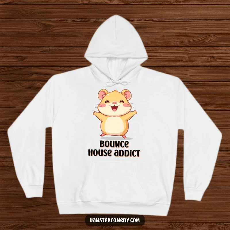 Funny Hamster Hoodie, cozy and warm, depicting a joyful character doing a funny hop with tiny legs.