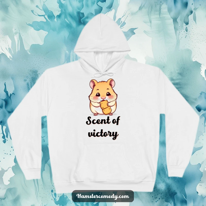 Soft hoodie featuring a funny hamster with a twitching nose, smelling a delectable treat, blending comfort with humor.