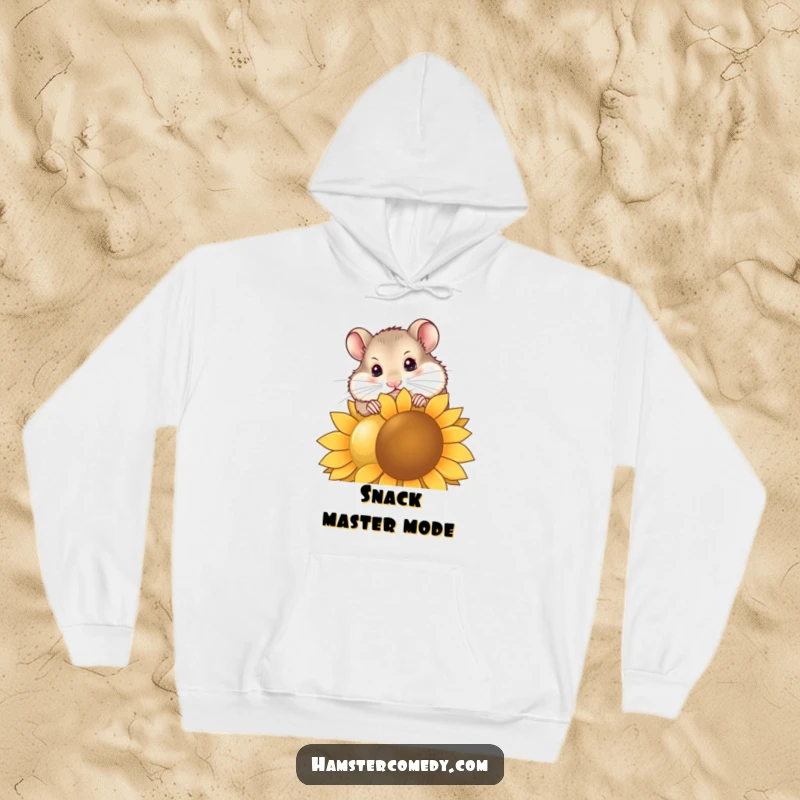 Funny hamster hoodie showing a curious hamster tilting its head while nibbling a massive sunflower seed, designed for warmth and humor.