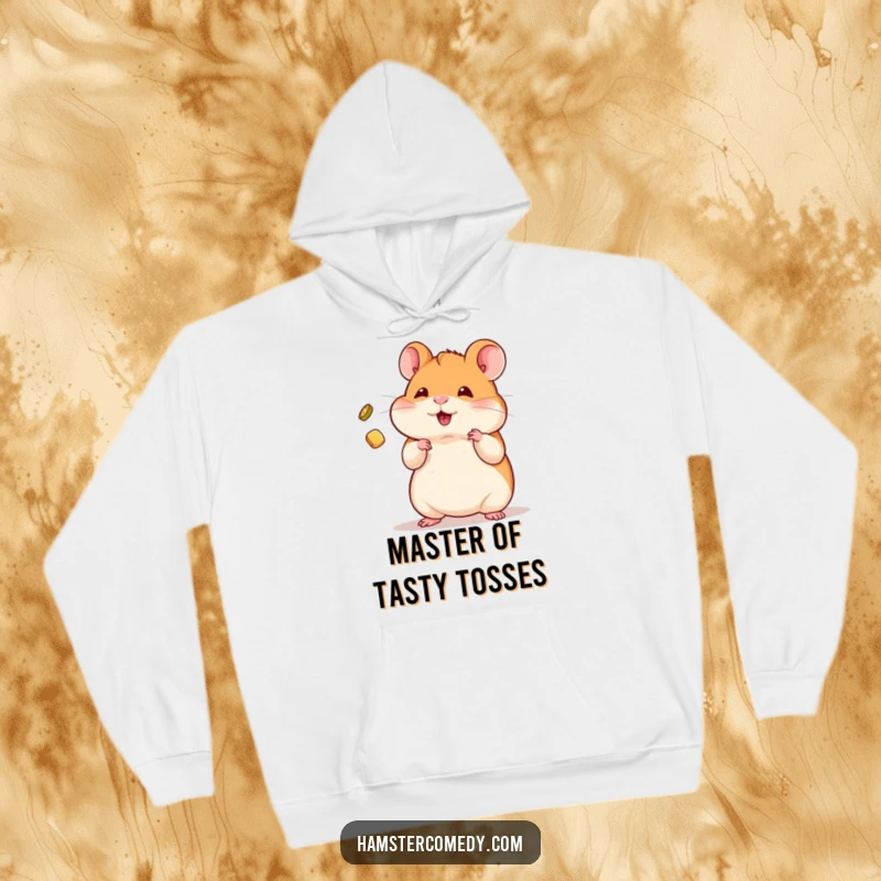 Funny Hoodie with a kawaii hamster skillfully juggling a small treat, offering warmth and playful skill.