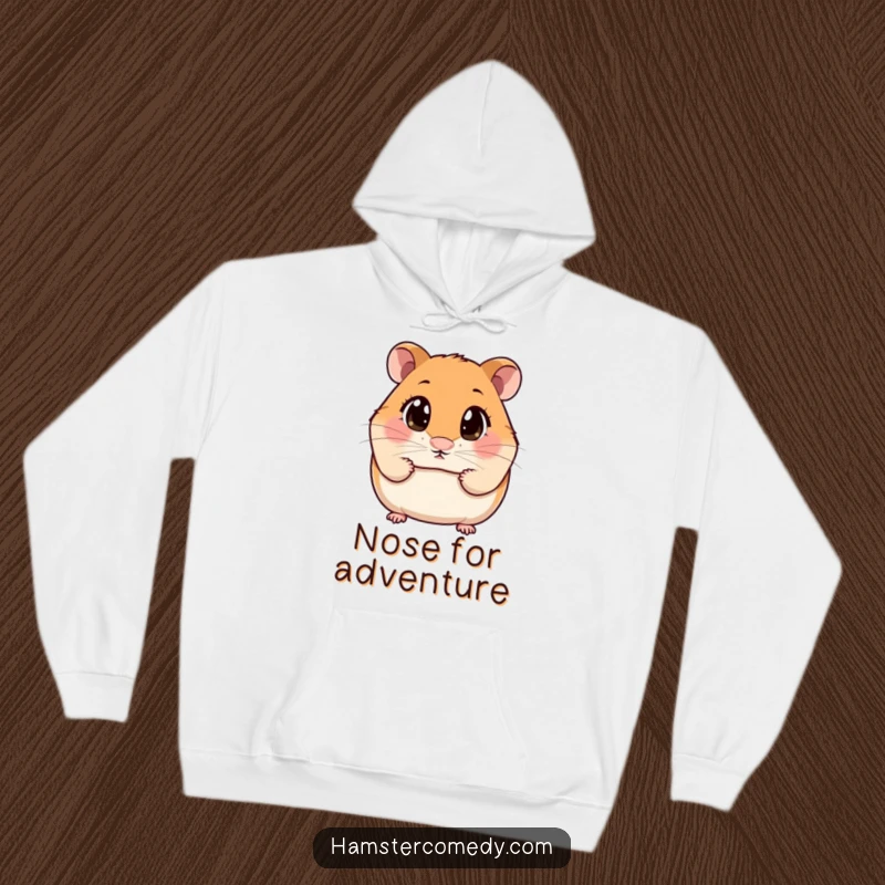 Funny Hoodie with a kawaii hamster, wide-eyed and curious, sniffing the air with great concentration.