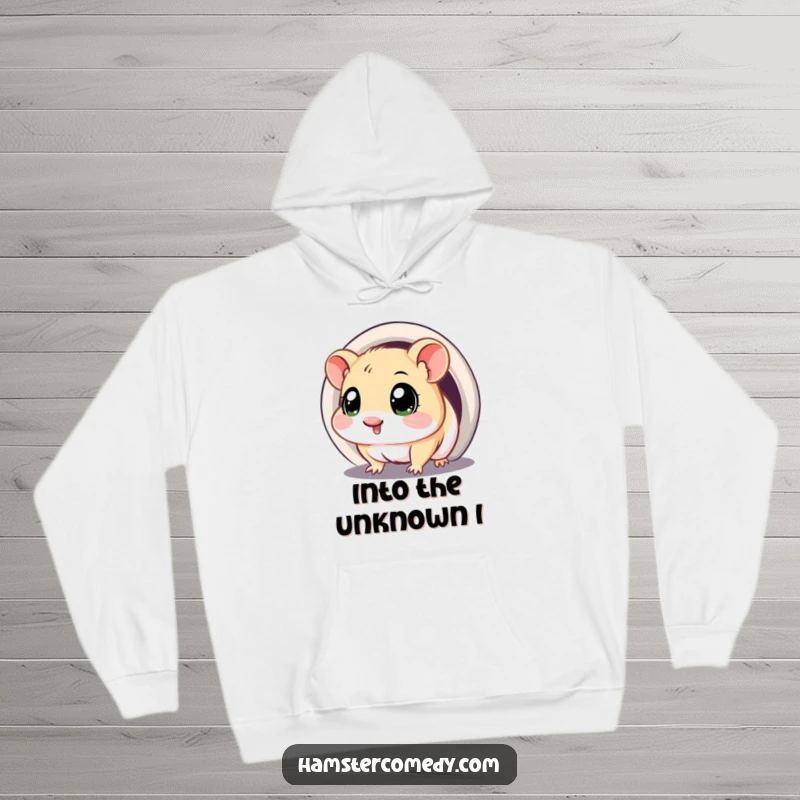 Funny hoodie depicting a kawaii hamster with wide, curious eyes, bravely entering a dark tunnel.