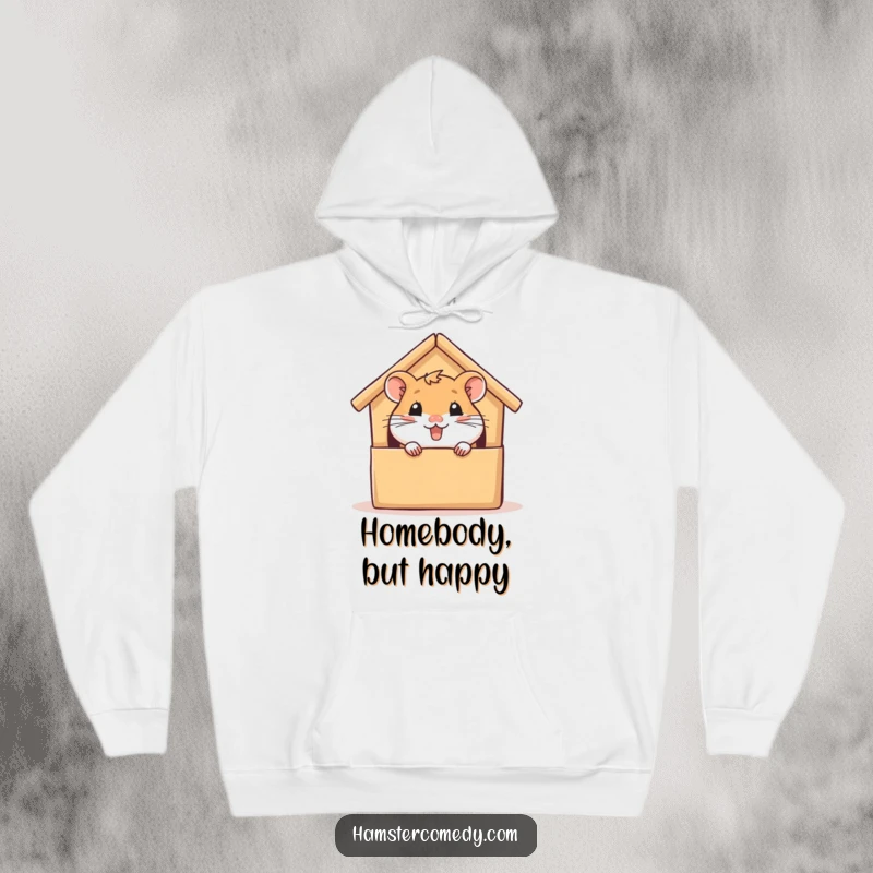 Funny hamster hoodie, peeking from a cardboard house with glee, warm and cozy, perfect for pet lovers and a humorous gift.