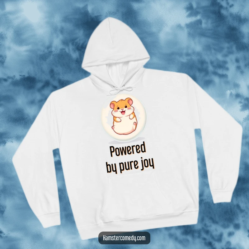Funny hoodie graphic of a hamster gleefully spinning inside a transparent ball, conveying energetic, hilarious motion and joy.