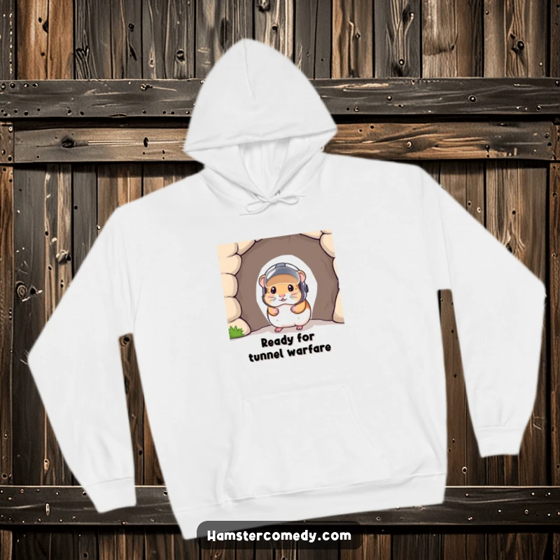 Funny hoodie design featuring a determined hamster with a tiny helmet peeking from a tunnel, conveying humor and adventure.