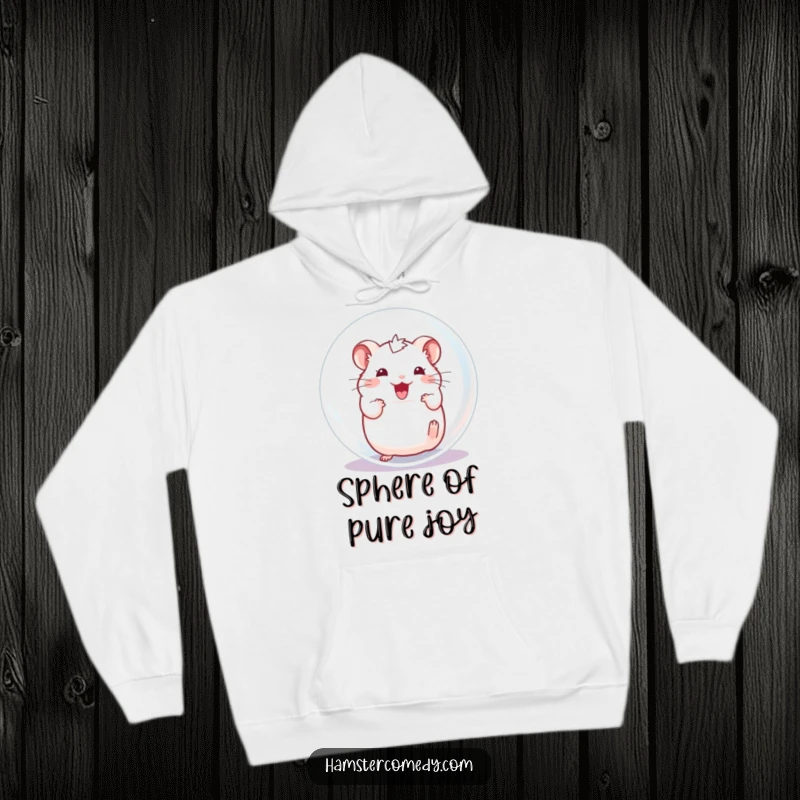 Funny Hamster Hoodie, cozy and warm, depicting an excited character happily rolling inside a transparent ball.