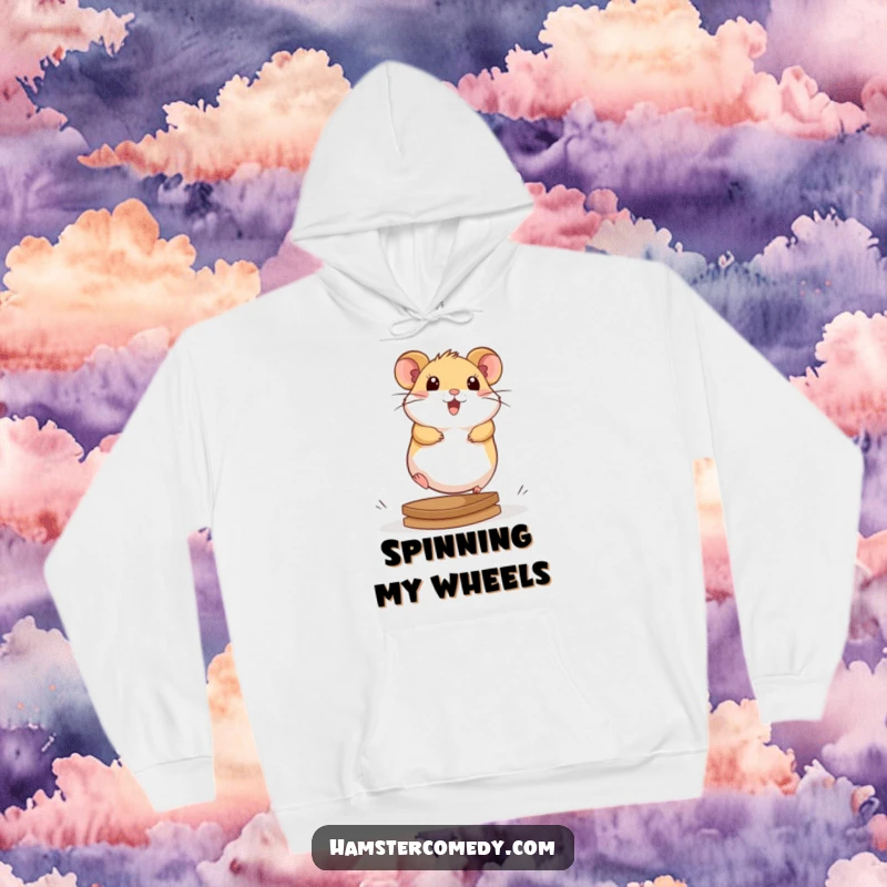 Cute kawaii hamster with a determined look, running fast on a hamster wheel, featured on a soft and warm hoodie.