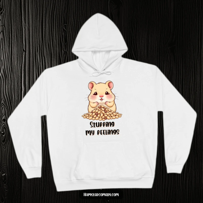 Cozy funny hamster hoodie, cheeks comically stuffed with seeds, hoarding a large pile, blending warmth with hoarding humor.