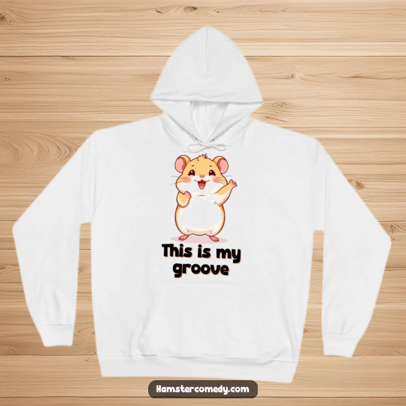 Soft hoodie featuring a funny hamster doing a happy dance with paws in the air, blending comfort with energetic humor.