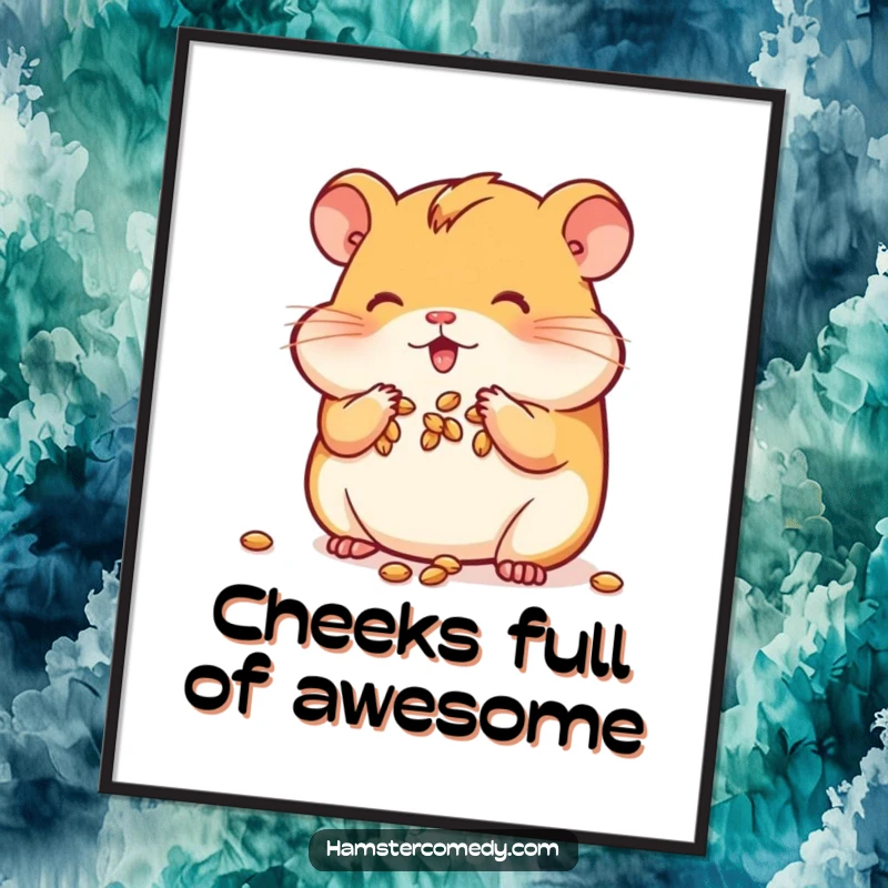 Funny Free Printable Wall Art: Kawaii hamster with cheeks stuffed full of seeds, a delightful image of preparedness.