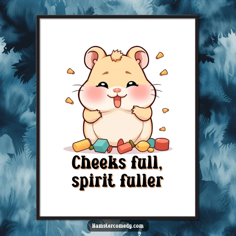 Funny Free Printable Hamster Wall Art, depicting a hamster comically stuffing its cheeks and hoarding various small items.