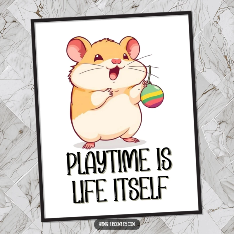 Funny Free Printable Wall Art: A hamster completely engrossed in batting a dangling toy, full of playful excitement and joy.
