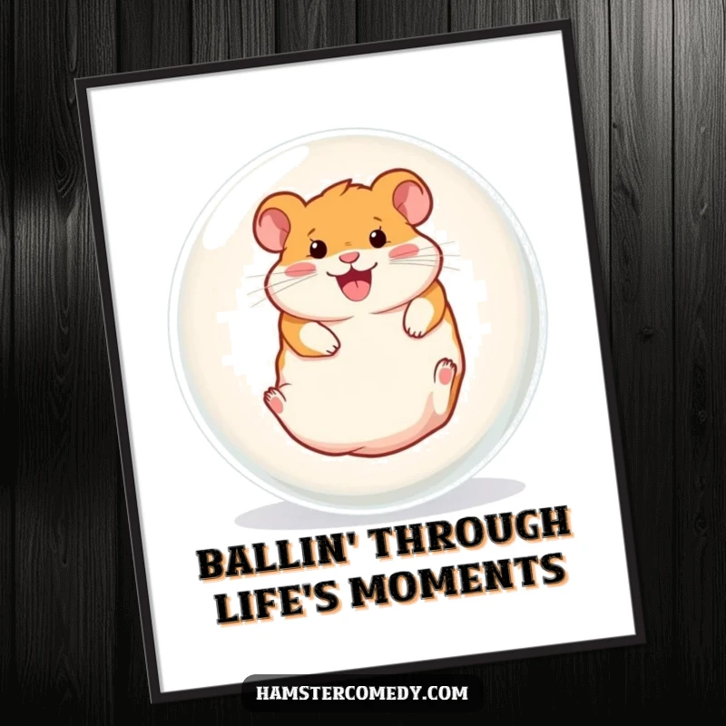 Funny Free Printable Wall Art: Hamster gleefully rolling inside a giant clear ball, capturing pure energetic fun.