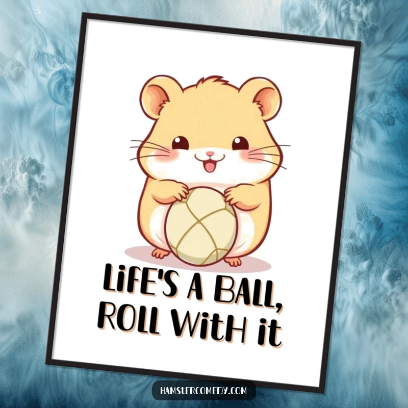 Funny Free Printable Wall Art: A kawaii hamster is focused on rolling a tiny ball with its cute paws.