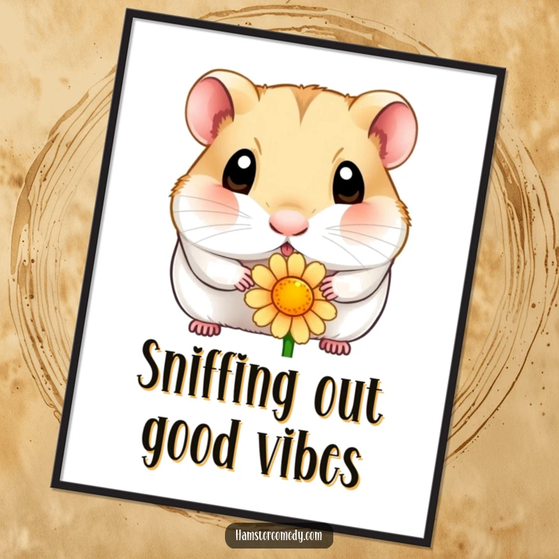 Funny free printable wall art of a wide-eyed hamster curiously sniffing a flower, bringing natural humor to decor.