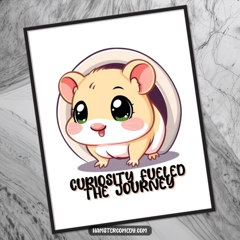 Funny Free Printable Wall Art: Kawaii hamster with huge, innocent eyes peeking out from a dark tunnel, full of wonder. Downloadable art.