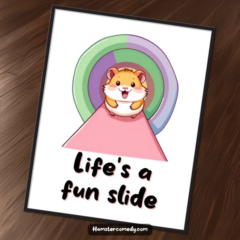Funny free printable wall art featuring a smiling hamster sliding down a colorful tunnel, adding playful charm to any room.
