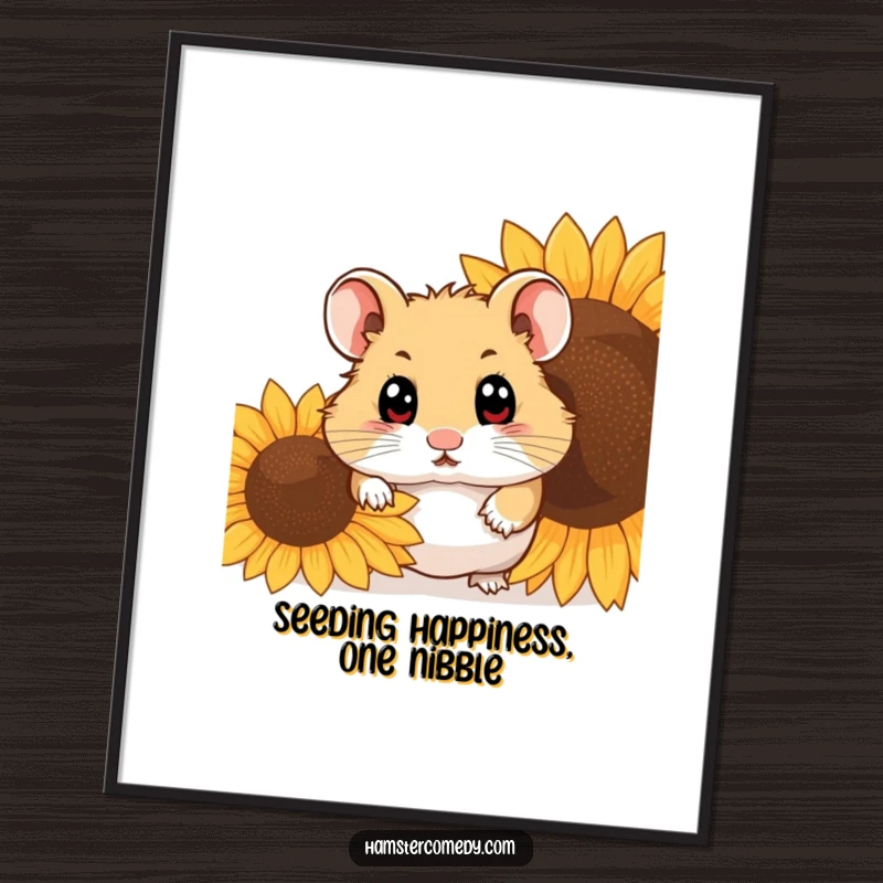 Funny free printable wall art featuring a hamster with large, innocent eyes peeking out from behind a substantial sunflower seed, adding cuteness.