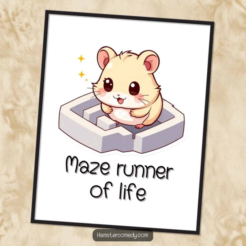 Funny Free Printable Hamster Wall Art: Hamster with sparkling eyes excitedly exploring a miniature maze, humorous downloadable decor.