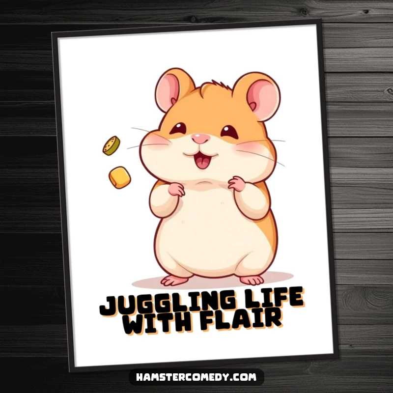 Funny free printable wall art: A kawaii hamster skillfully juggling a tiny treat, showcasing its impressive talent.