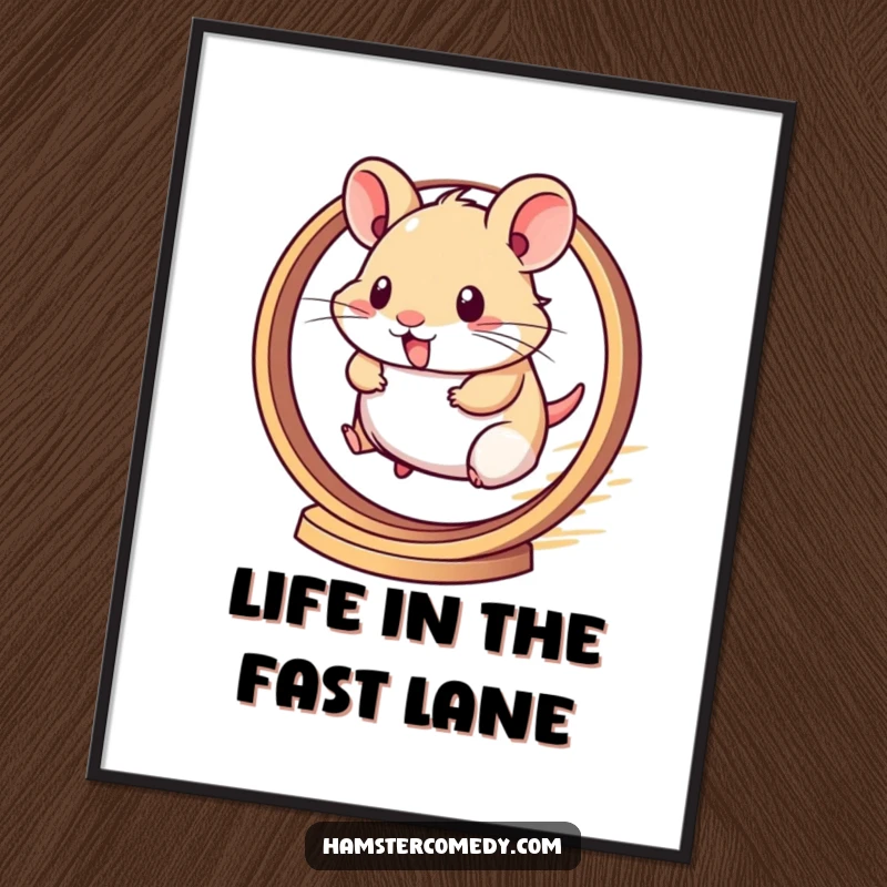 Funny Free Printable Wall Art: Kawaii hamster a streak of motion on a running wheel, speed lines indicating fast movement. Downloadable art.
