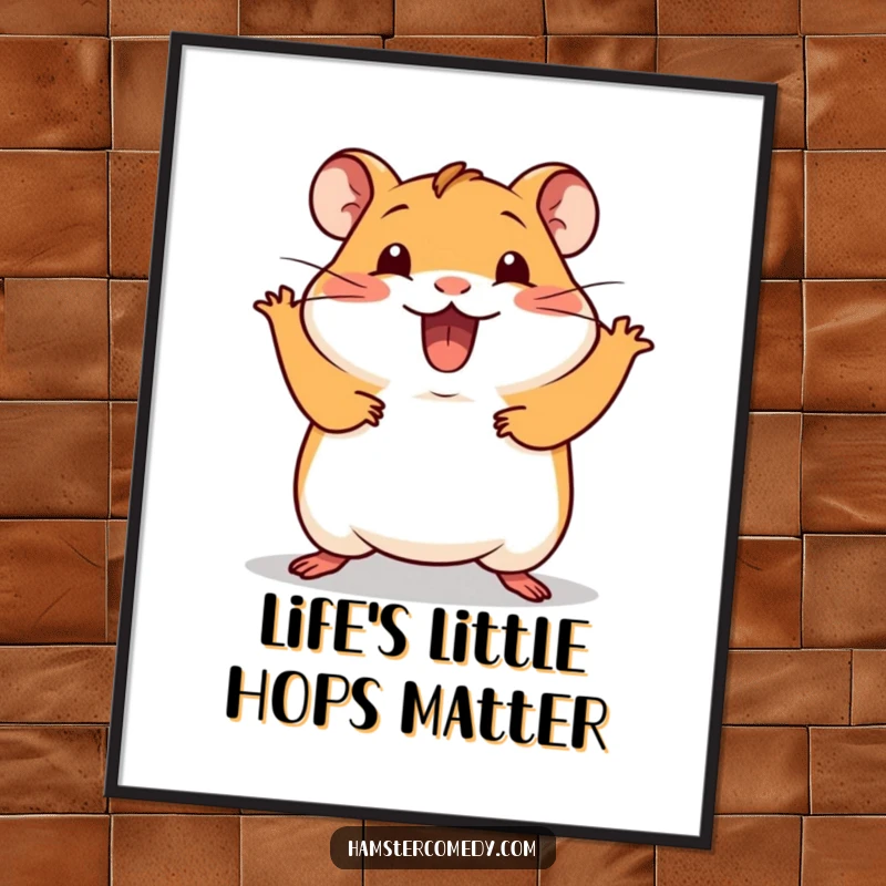 Funny Free Printable Wall Art: Kawaii hamster caught mid-hop, expressing pure excitement and joyful energy.